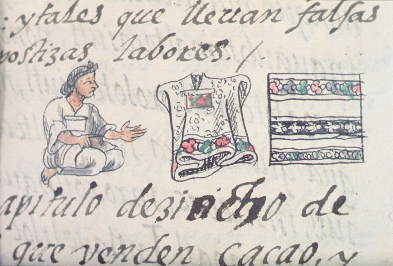 Ms Palat. 218-220 Libro IX Un comerciante azteca vendiendo mantos, del Códice Florentino por Bernardino de Sahagún, c.1540-85 de Spanish School