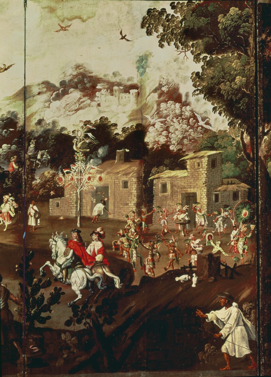 Panel de un biombo que representa una serie de casas de piedra con indios bailando en celebración (óleo sobre tabla) de Spanish School