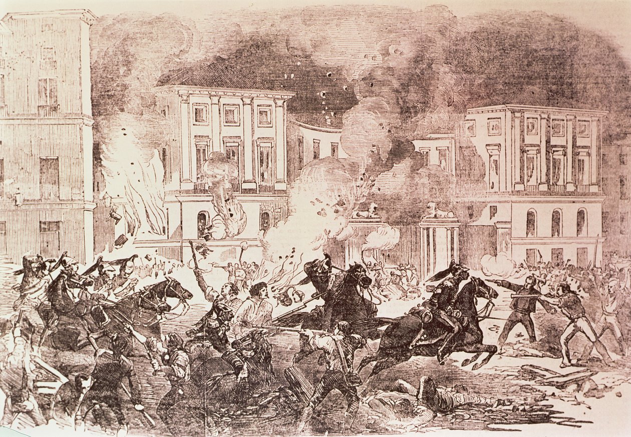 Sublevaciones populistas en Madrid, Los amotinados intentan incendiar el Palacio de la Reina María Cristina en 1854 (lito) de Spanish School