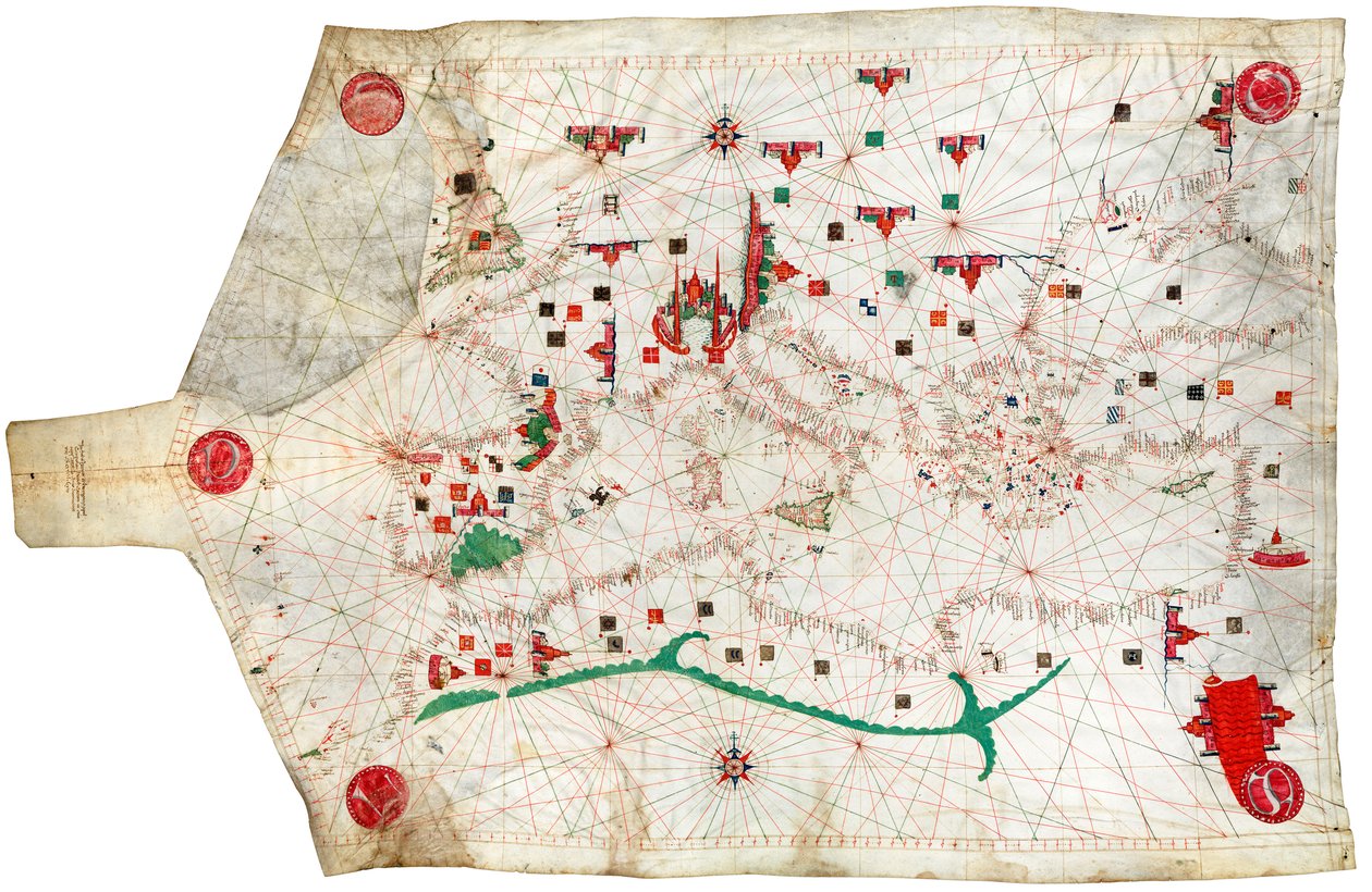 Carta portulana del Mar Mediterráneo y el Atlántico nororiental, se trata del portulano más antiguo de las colecciones del Museo Marítimo Nacional de Spanish School