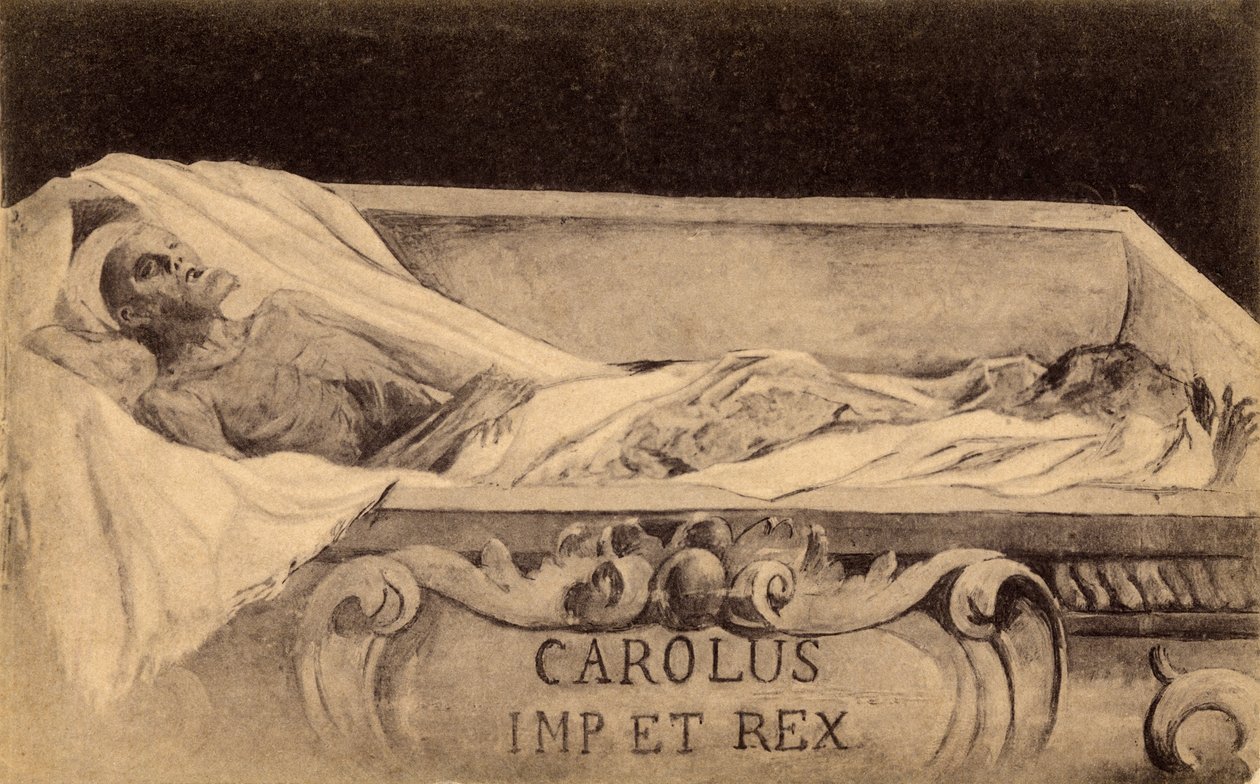 Postal de la momia de Carlos V en el Escorial, Madrid (litografía) de Spanish School
