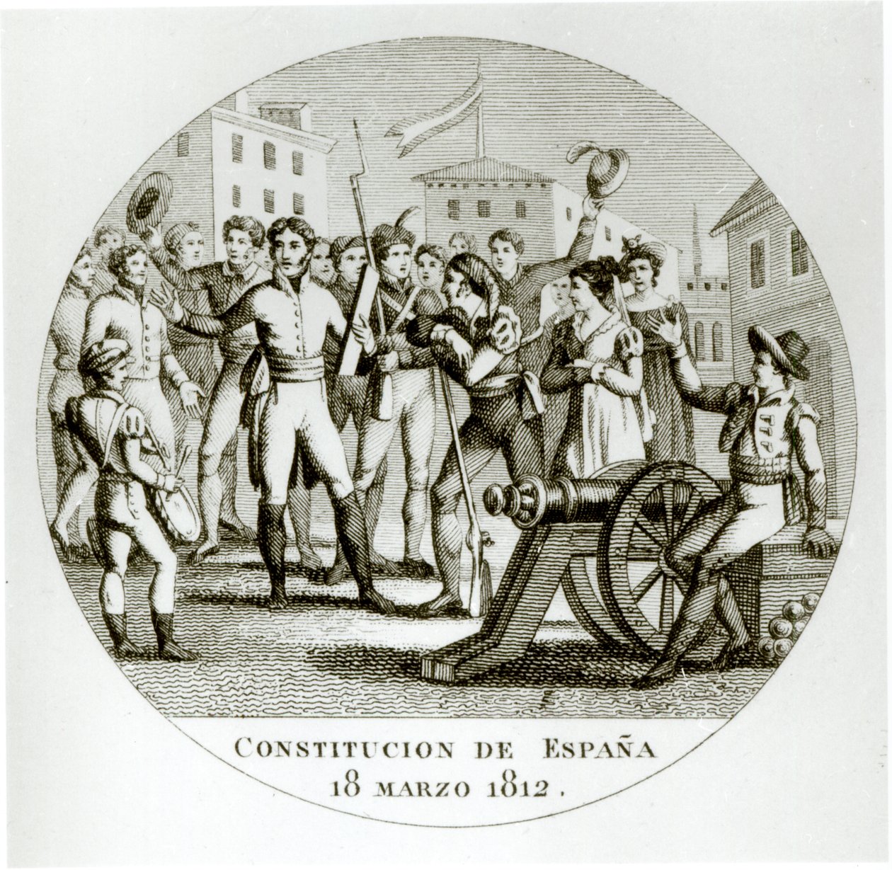 Proclamación de la Constitución Liberal del 18 de marzo de 1812, por los patriotas, promulgada en Cádiz por las Cortes de Spanish School