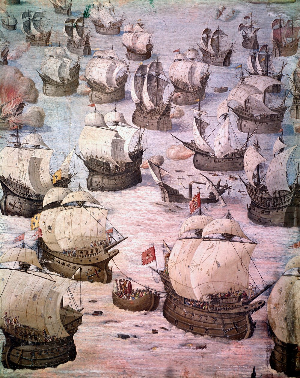 Regata de galeones españoles durante una expedición a las Azores en 1582 bajo Felipe II (1527-1598), Rey de España. Fresco del siglo XVI. Sala de Batallas, Palacio del Escorial, Madrid de Spanish School