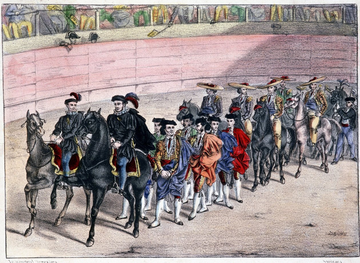 Salida de la cuadrilla, corrida en España, litografía sd. siglo XIX de Spanish School