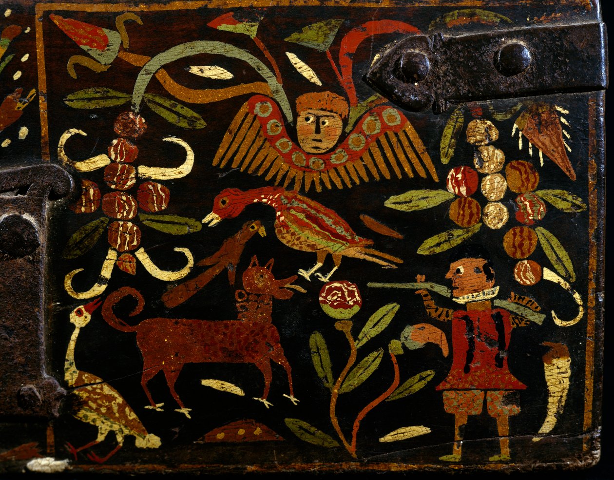 Escena que representa cazador español y motivos indios, detalle de baúl de madera pintada, período colonial, origen español, Bolivia de Spanish School