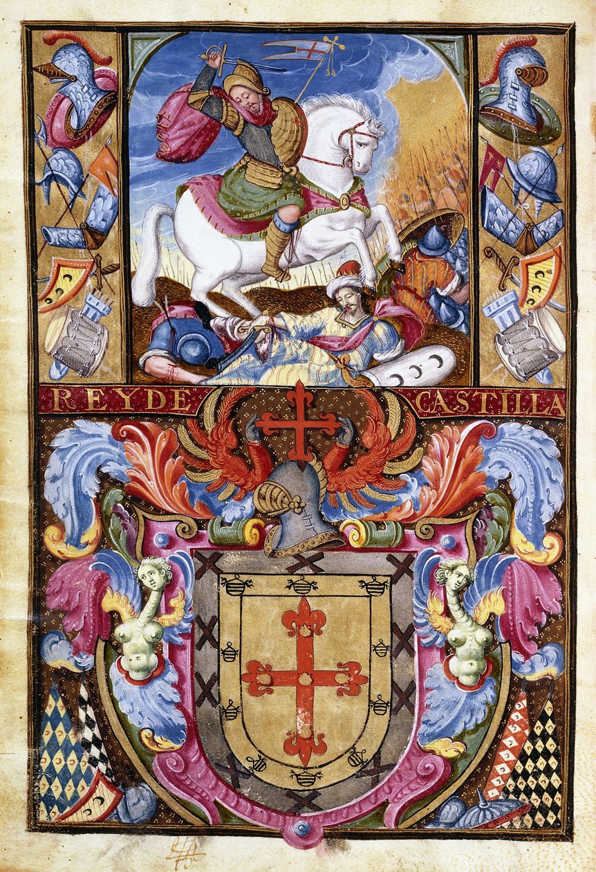 San Jaime en un caballo blanco cabalgando sobre los cadáveres de moros y el escudo de armas de la familia Gómez, 1606 de Spanish School