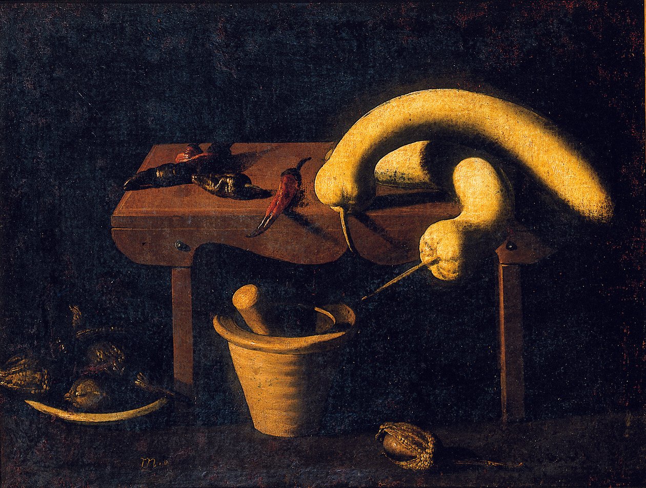 Naturaleza muerta con pimientos y calabazas en un banco con un mortero y un pilón y pájaros muertos, c.1620 de Spanish School