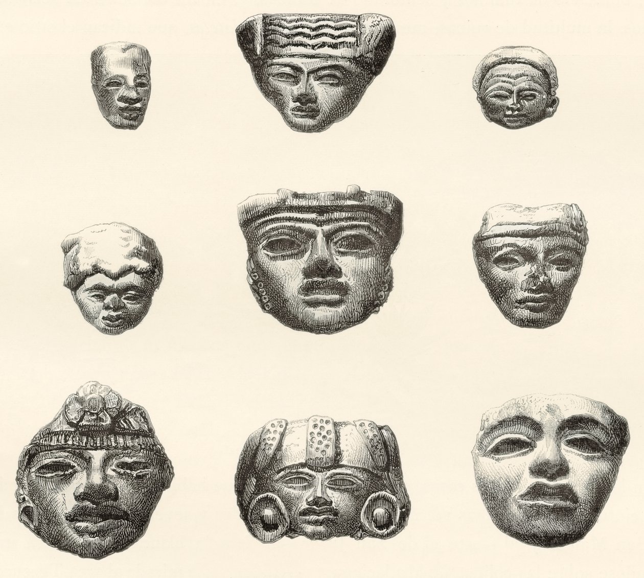 Cabezas y máscaras de piedra encontradas en Teotihuacan, México por Desiré Charnay durante su expedición en 1880-1883 de Spanish School