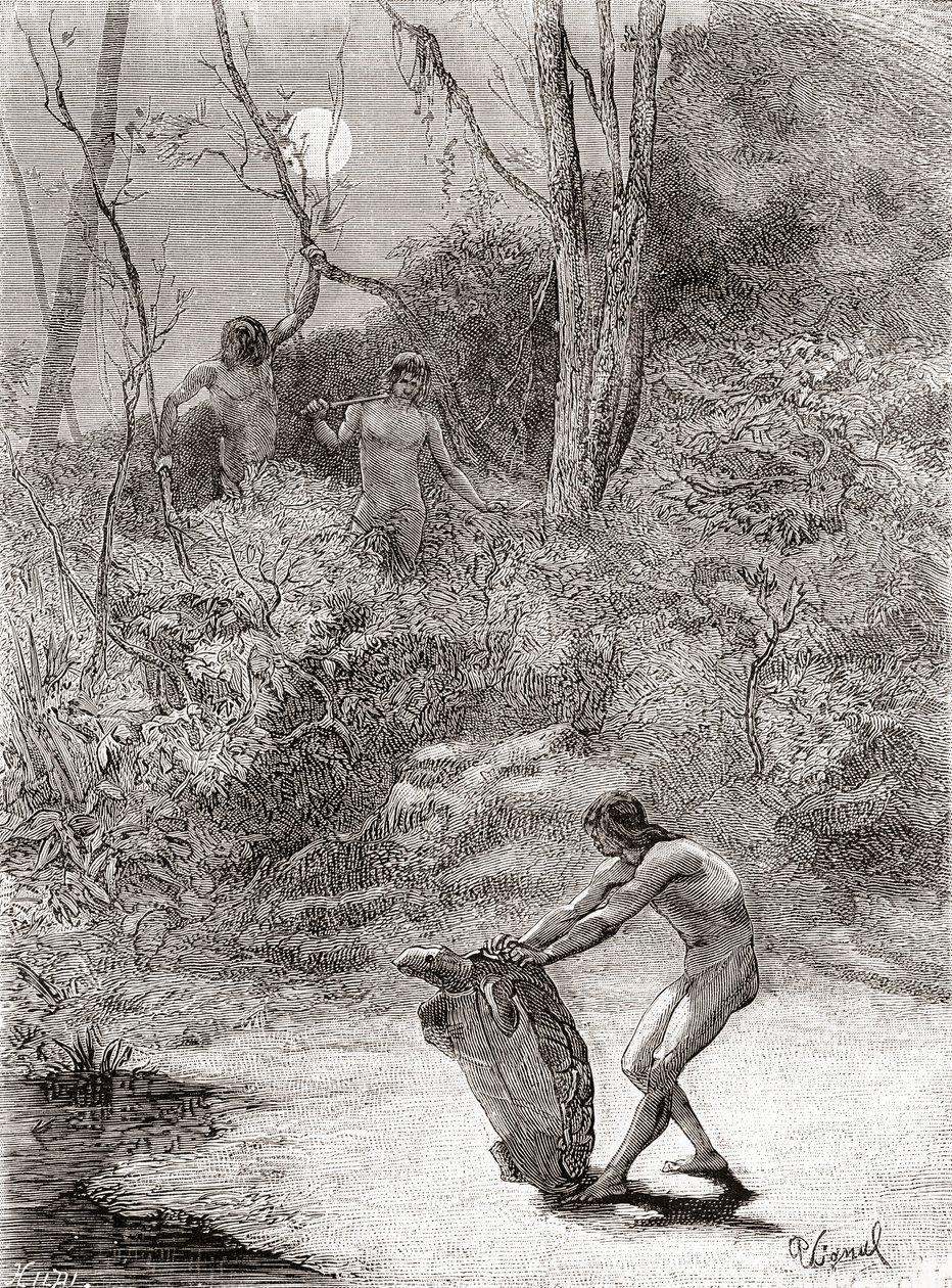 Indios Sunos cazando tortugas de agua dulce en el río Napo, Ecuador de Spanish School