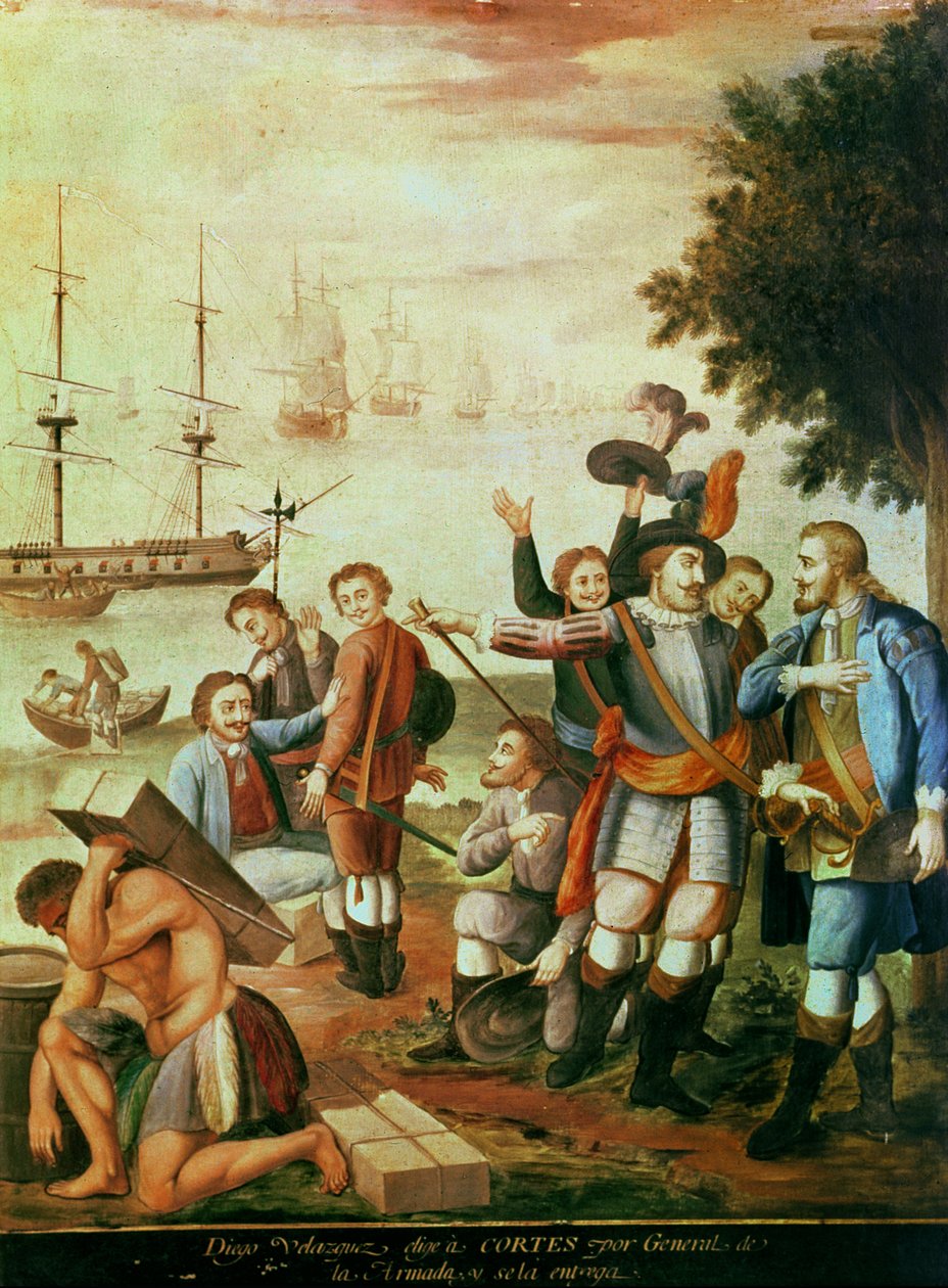 La Conquista de México: Diego Velásquez de Cuéllar (1465-1524) elige a Hernando Cortés (1485-1547) como general de la Armada y le da el mando (óleo sobre lienzo) de Spanish School