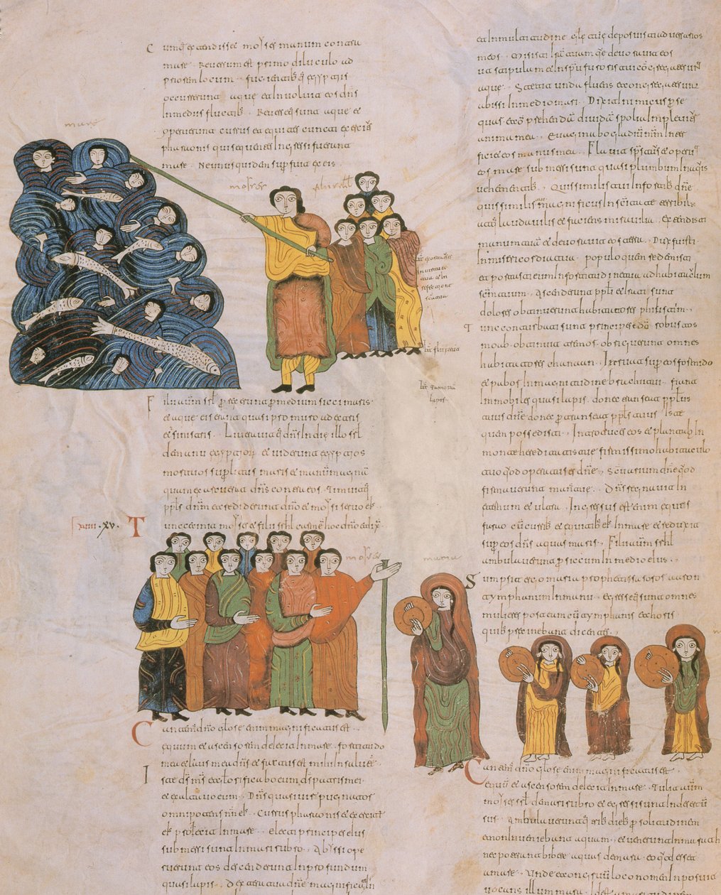 El Cruce del Mar Rojo y la Danza de las mujeres hebreas al son de los tambores de Moisés y sus acompañantes, de la Biblia Visigótica-Mozárabe de San Isidoro, fol.39., A.D. 960 de Spanish School
