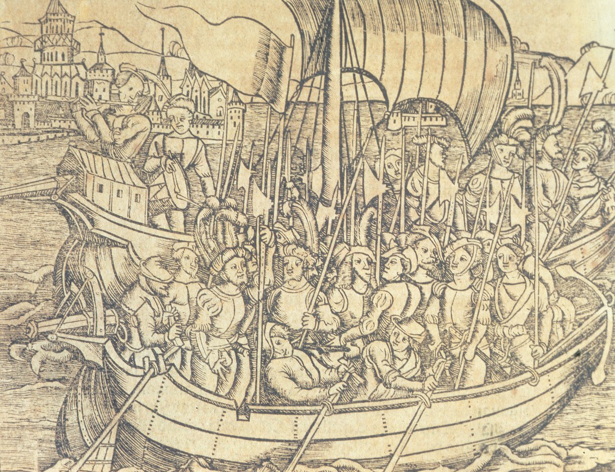 El descubrimiento del Nuevo Mundo por Cristóbal Colón (1450-1596) ilustración de la "Historia General de las Indias y Nuevo Mundo" de Francisco López de Gómara (n.1510) 1554 (grabado) de Spanish School