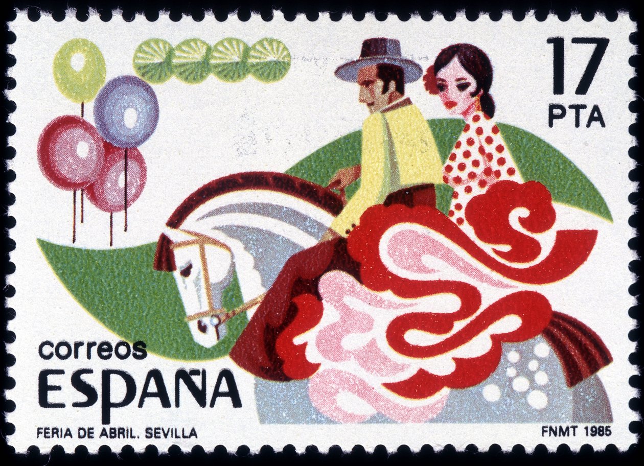 La Feria de Sevilla: pareja en traje folclórico a caballo - sello español de Spanish School