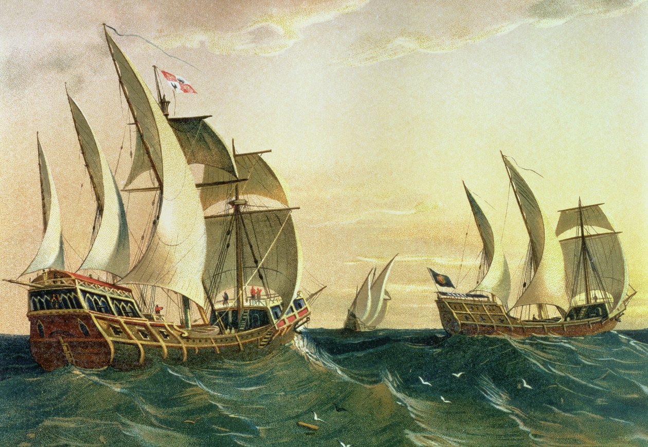 La "Pinta", la "Nina" y la "Santa María" navegando hacia las Indias Occidentales en 1492, de El descubrimiento de América de Spanish School