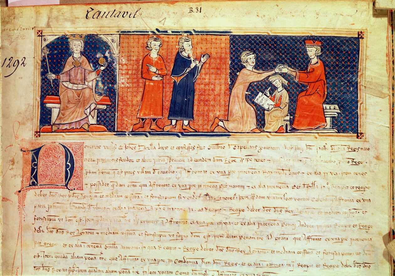 El señor feudal predicando su sermón ante el Rey de Mallorca, Jaime I, del Capbreu de Clayra et de Millas, 1292 de Spanish School