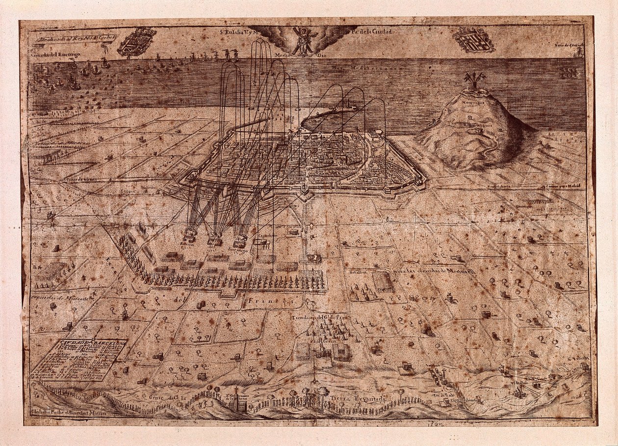 El levantamiento de Cataluña o la guerra de los segadores (1640-1659), el asedio de Barcelona por mar y tierra por las tropas de Felipe IV de España (1605-1665). Grabado 1652. Museo de Historia de la Ciudad, Barcelona de Spanish School