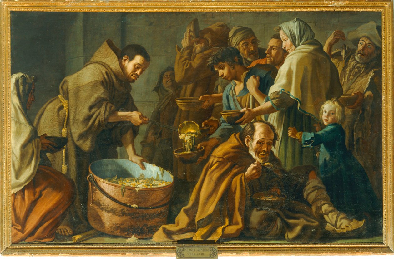 El milagro de San Dídacus de Alcalá. Sorprendido durante una comida prohibida a los pobres, el pan de su ... de Spanish School