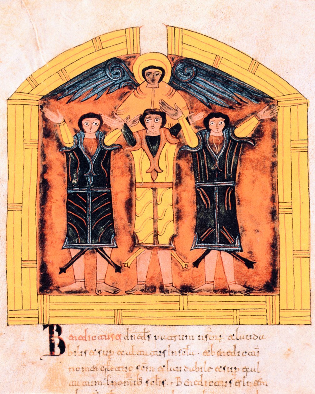 Los tres hebreos, Sadrac, Mesac y Abed-nego arrojados al horno por Nabucodonosor, fol.318v, de la Biblia visigótica-mozárabe de San Isidro, 960 d.C. (temple sobre vitela) de Spanish School