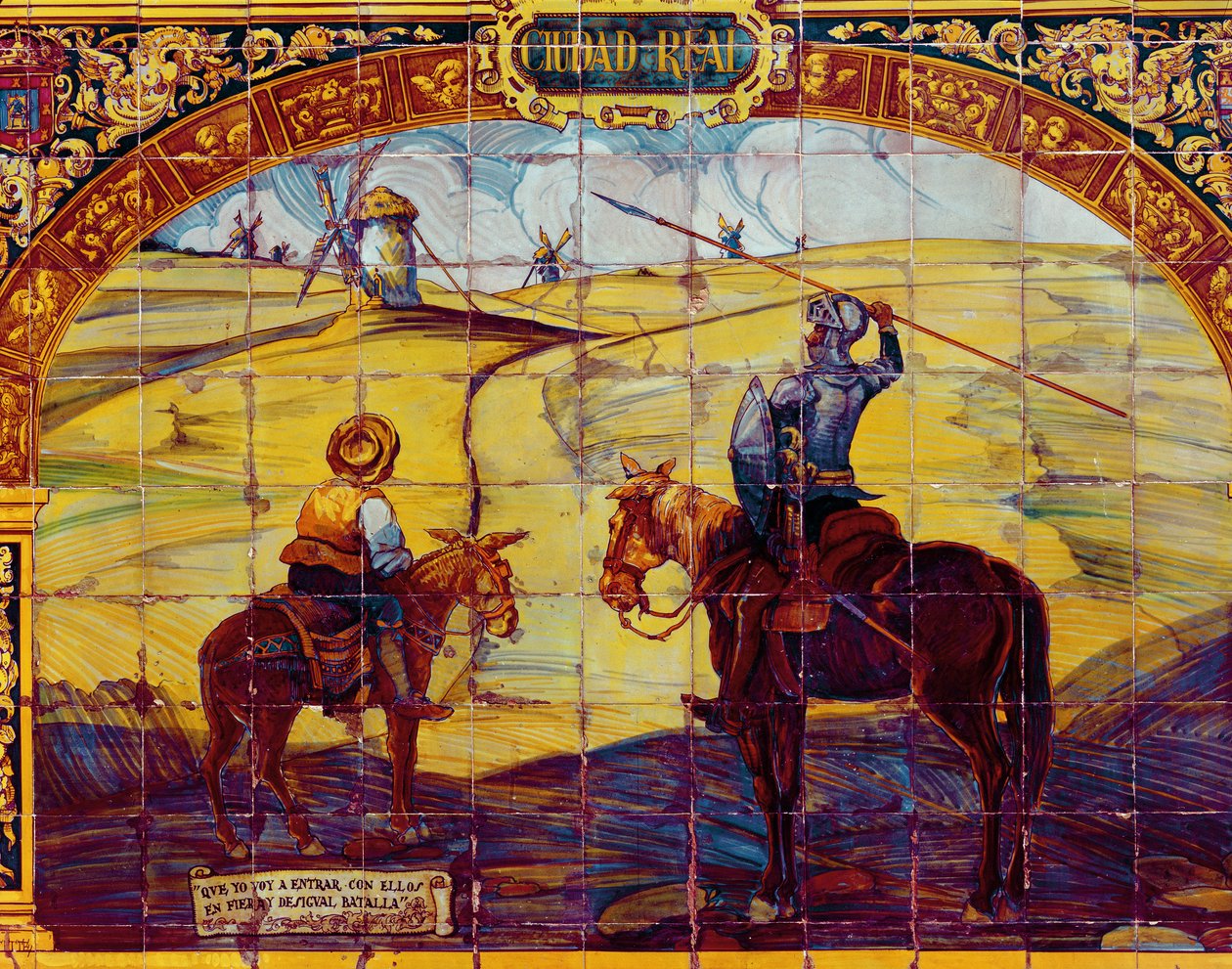Azulejos que representan a Don Quijote y Sancho Panza preparándose para atacar los molinos (cerámica) de Spanish School
