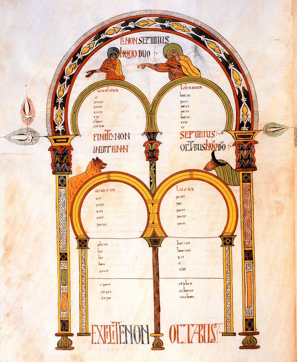 Página de título de los Evangelios de Mateo, Marcos, Lucas y Juan, de la Biblia visigoda-mozárabe de San Isidoro, fol.402v., A.D. 960 de Spanish School