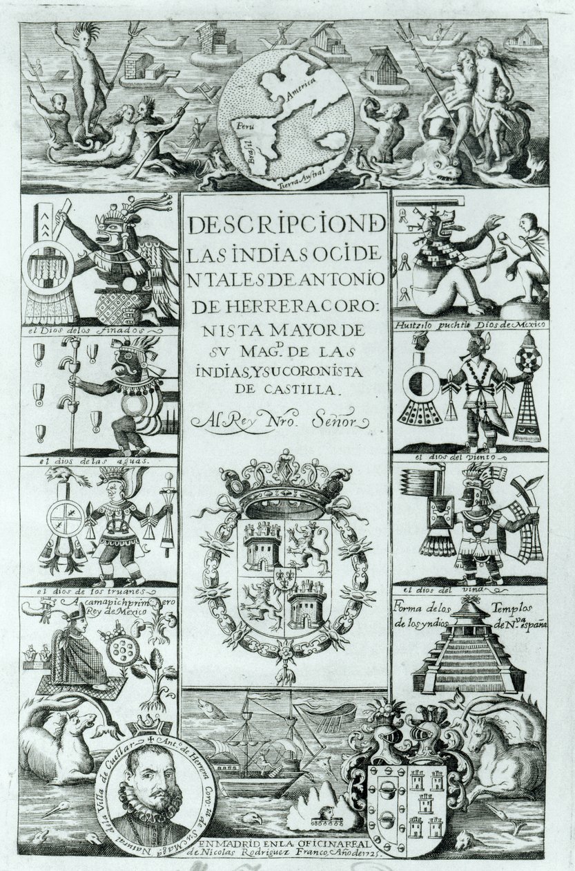 Página de título de Descripción de las Indias Occidentales por Antonio de Herrera y Tordesillas, edición de Madrid, 1725 de Spanish School