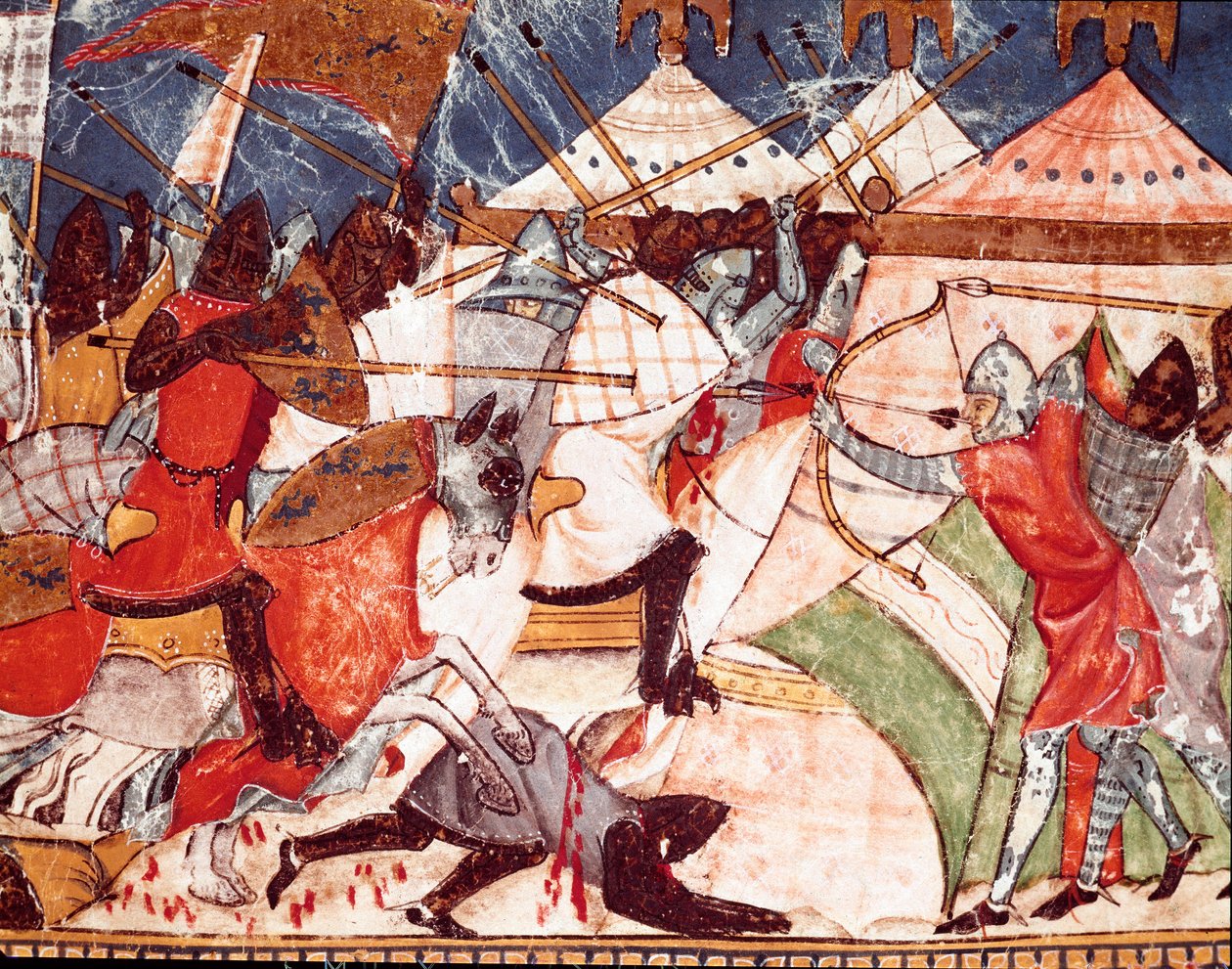 Guerra de Troya: los troyanos invaden el campamento militar de los guerreros griegos. (detalle) Miniatura del manuscrito español “Códice Benito de Santa Mora” de Spanish School