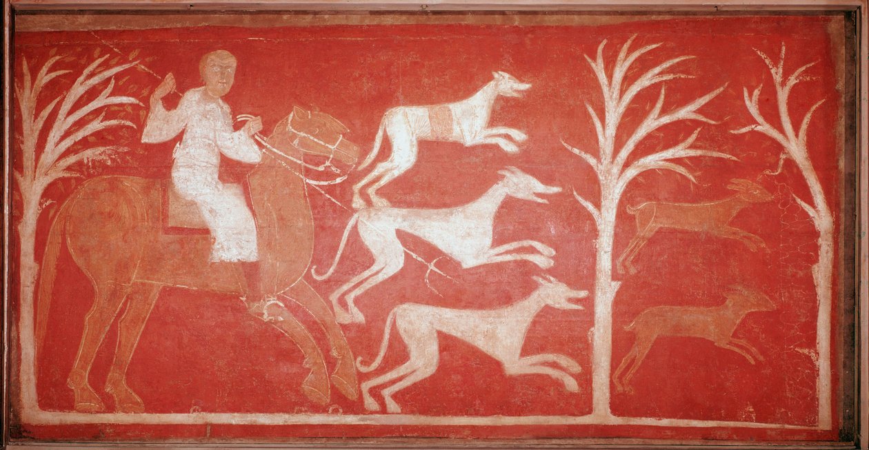 Escena de caza que representa perros corriendo tras la presa. 1150. Fresco del eremitorio de Baudelio de Berlanga, Soria. Conservado en el Museo del Prado de Spanish School
