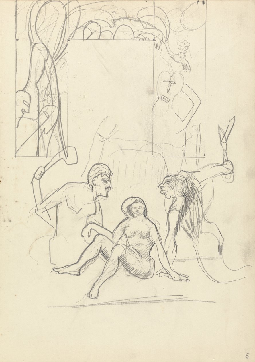 Diseño para una puerta decorativa: personas primitivas, para la Cueva del Becerro de Oro de Spencer Frederick Gore