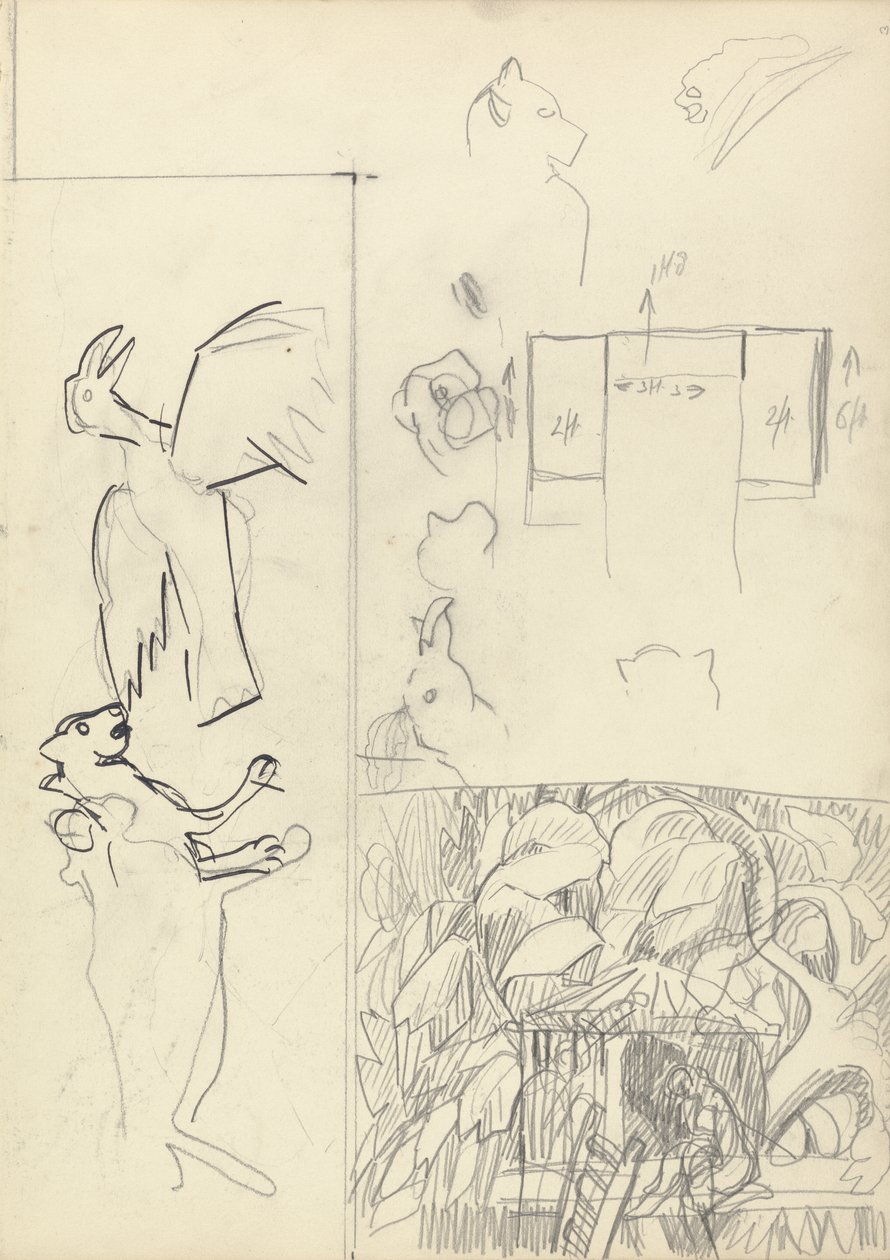 Estudios de casas en los árboles, animales y plano de planta, para la Cueva del Becerro de Oro de Spencer Frederick Gore