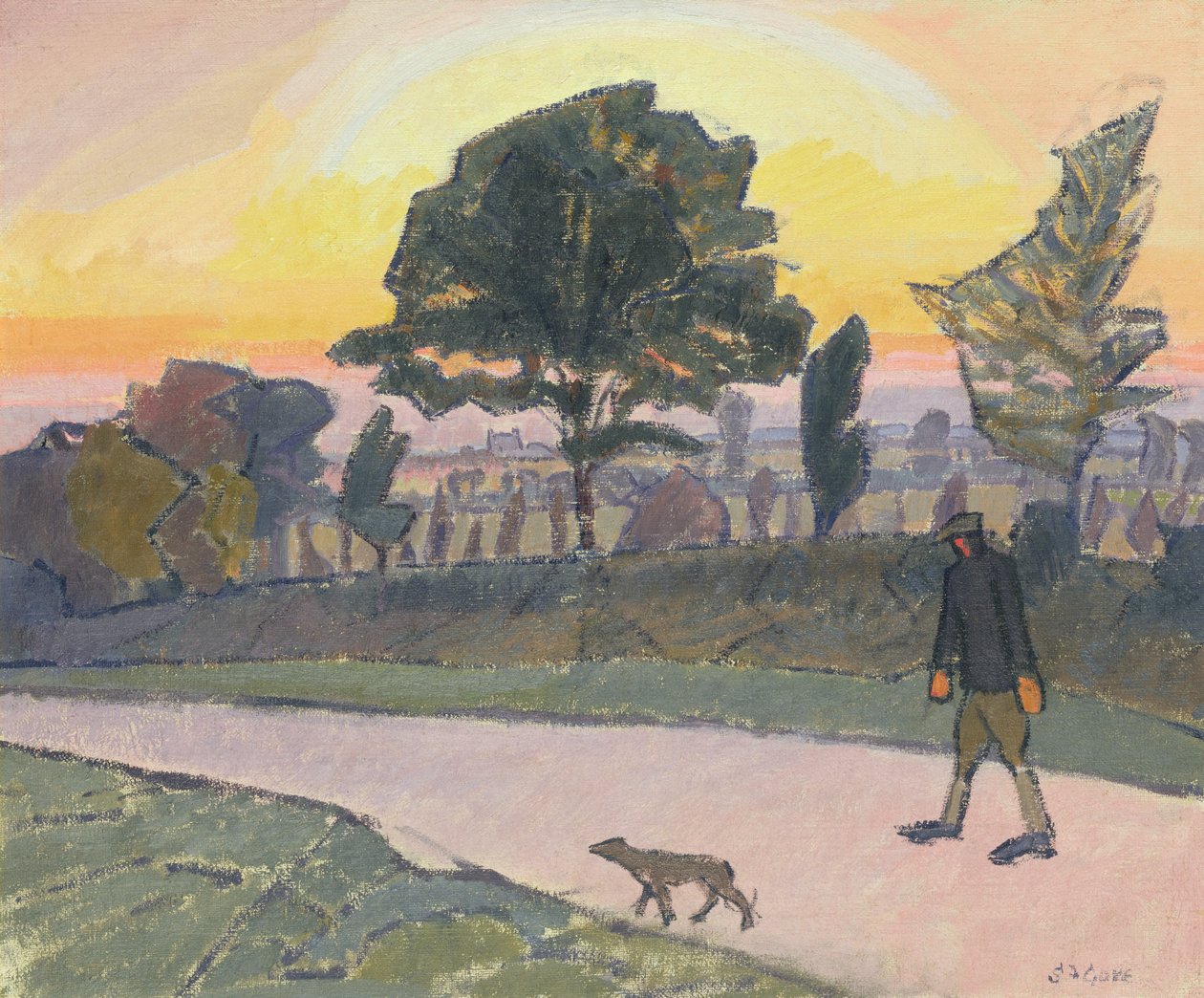 Atardecer, Letchworth, con hombre y perro, 1912 de Spencer Frederick Gore