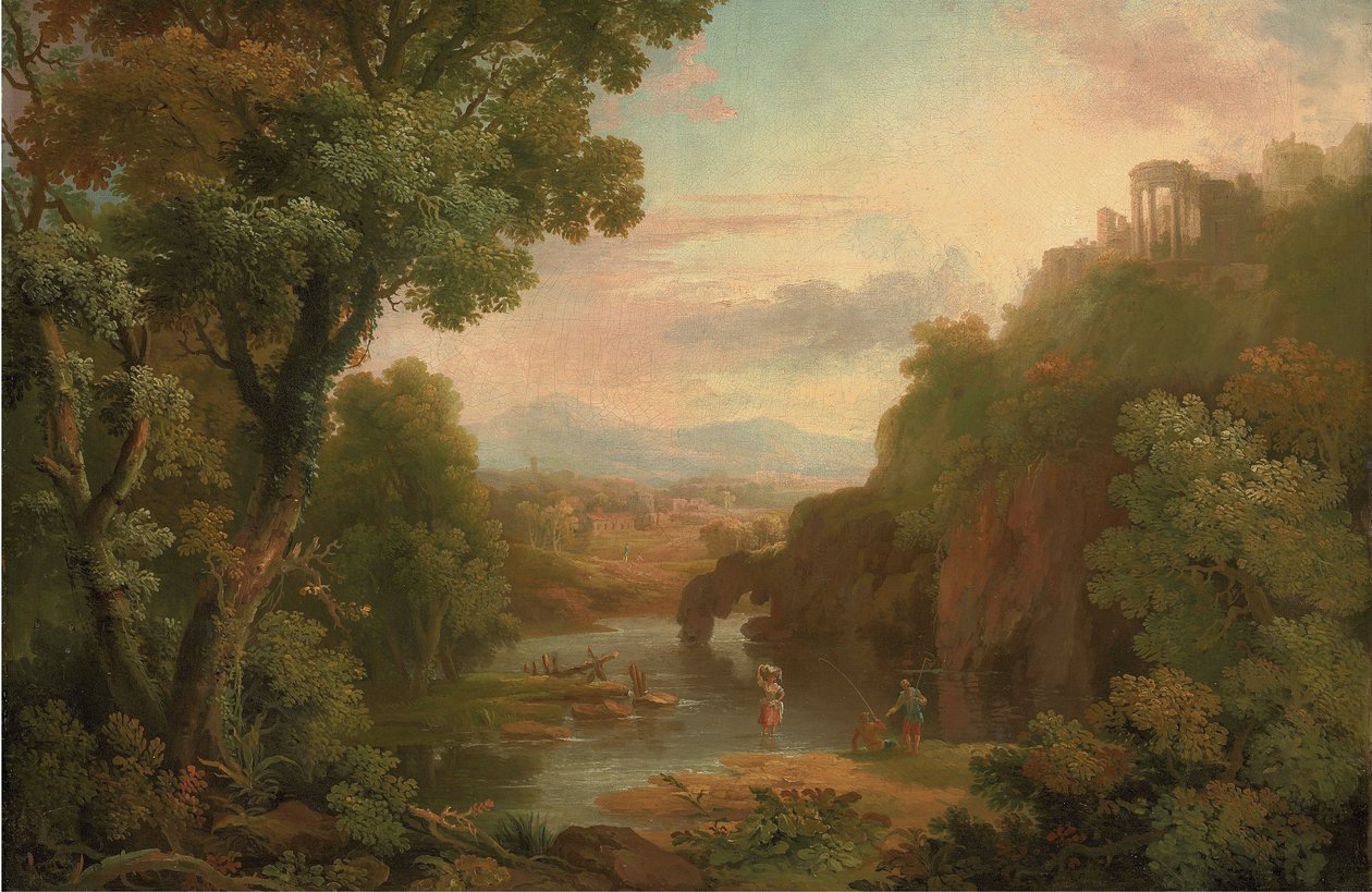 Un paisaje clásico con pescadores y una lavandera, una villa en lo alto de una colina y montañas más allá. de Sr. George Barret