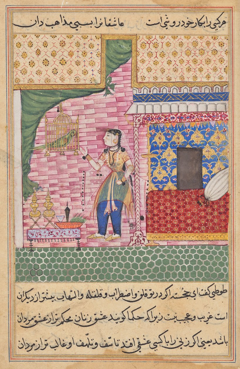 El Loro se dirige a Khujasta al comienzo de la Decimoséptima Noche, de un Tuti-nama (Cuentos de un Loro) de Sravana