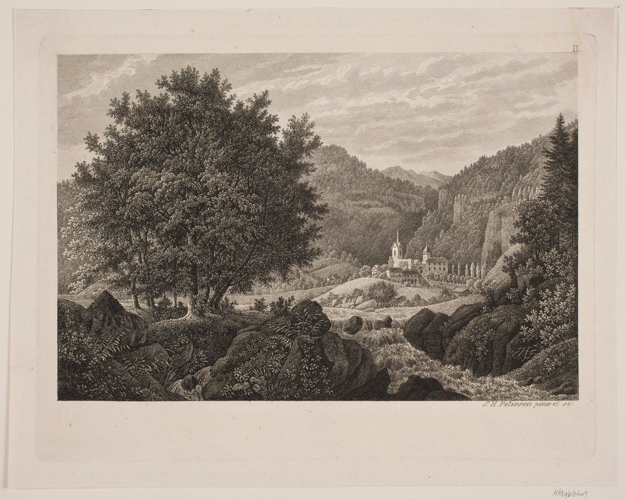Paisaje montañoso con una iglesia de Søren Henrik Petersen