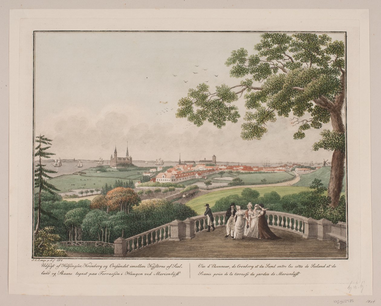 Vista de Helsingør, Kronborg y el Øresund entre las costas de Selandia y Escania. Dibujado en la terraza del jardín en Marienlyst de Søren L. Lange