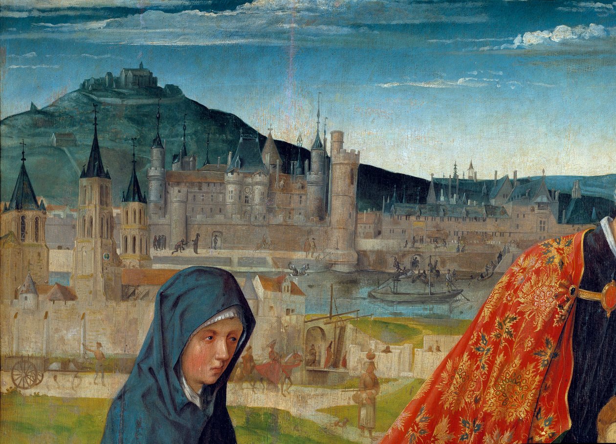 La Piedad de Saint Germain des Pres (Saint-Germain-des-Pres). Detalle que representa el Louvre bajo Carlos V. Pintura del Maestro de Saint Germain des Pres (activo hacia 1500). Dim. 0,97x1,98 m. de St Germain des Pres master