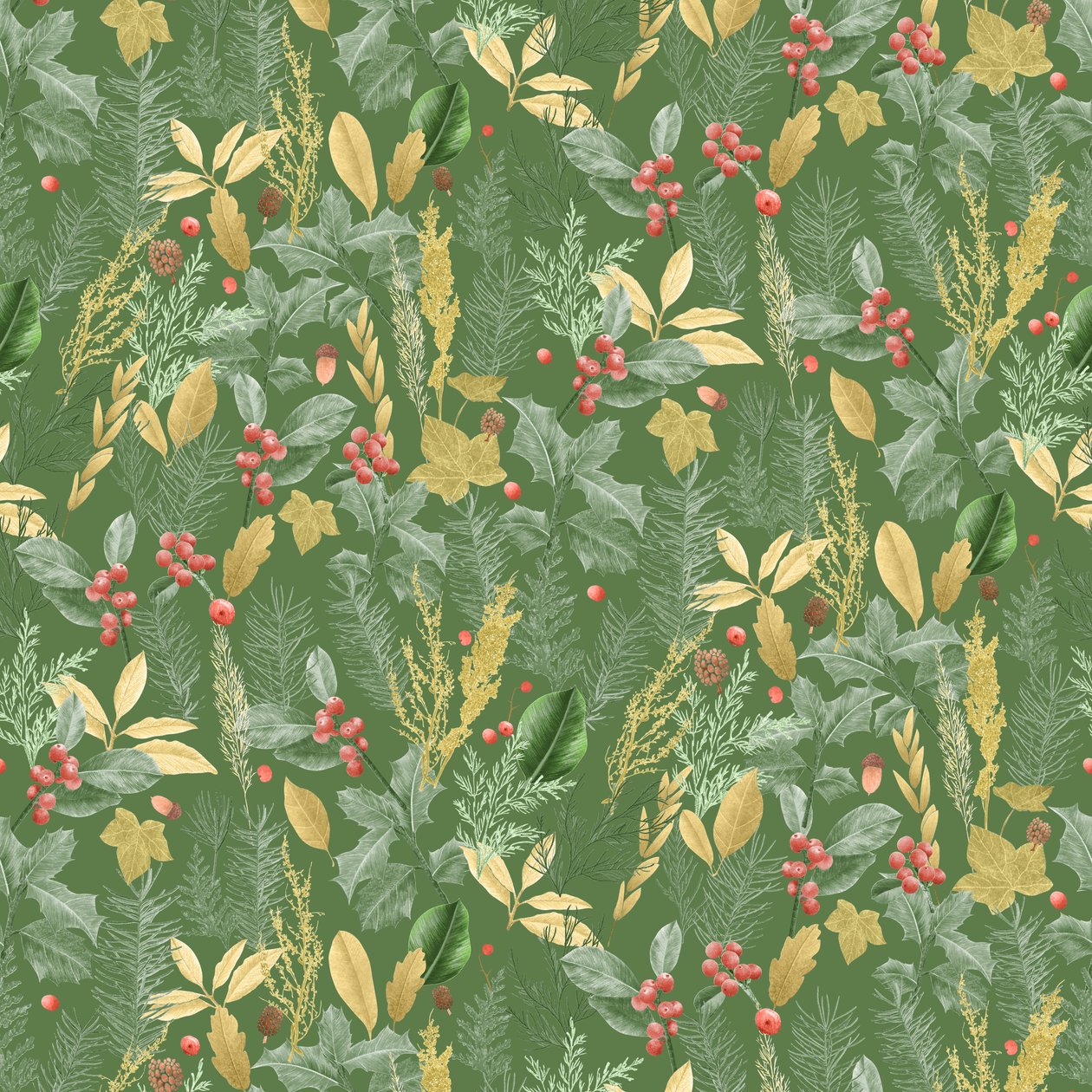 Holiday holly pattern dark, 2021 (lápiz de grafito y digital) de Stacy Hsu