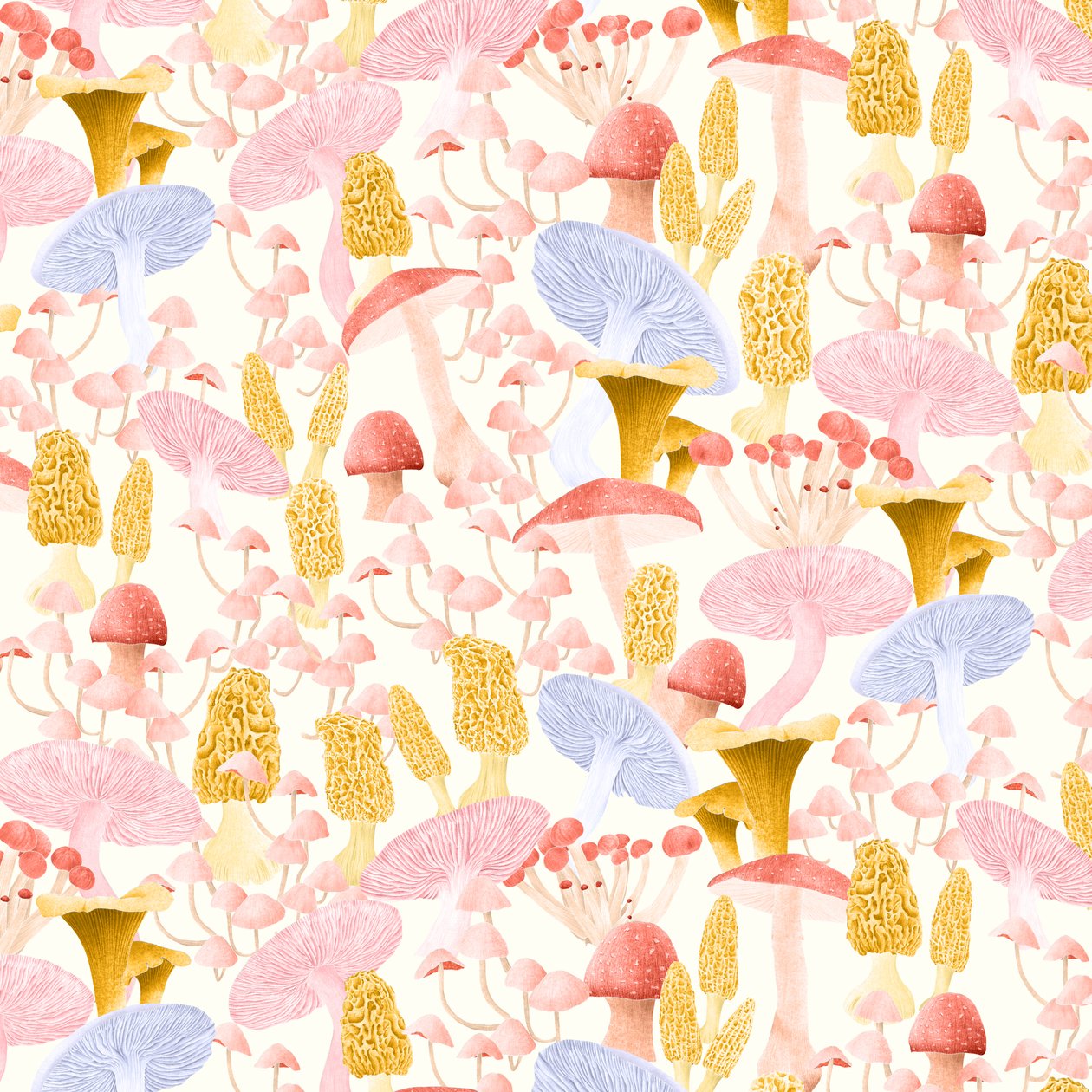 Mushroom medley pattern light, 2022 (lápiz de grafito y digital) de Stacy Hsu