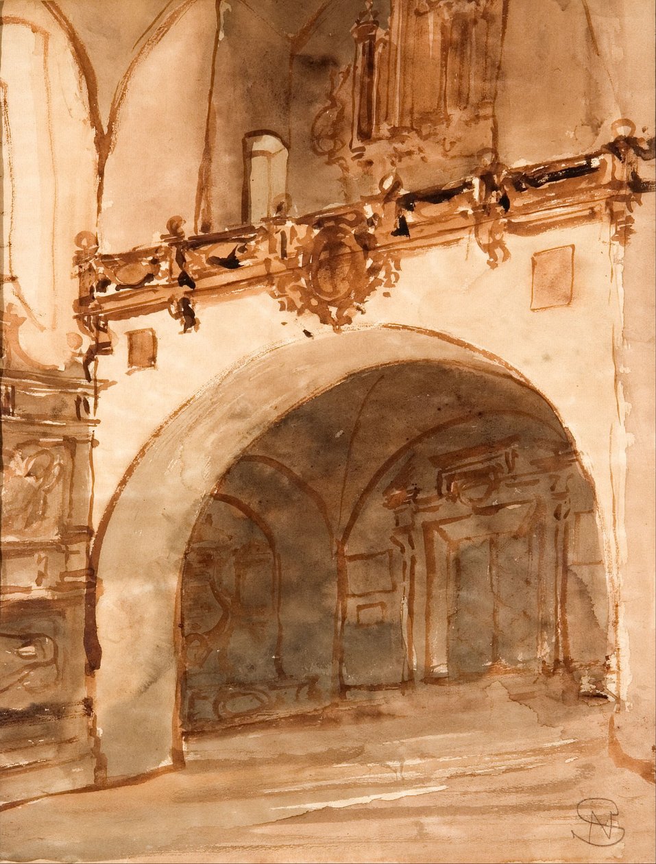 Interior de la iglesia. Vista del vestíbulo y el coro musical de Stanisław Noakowski