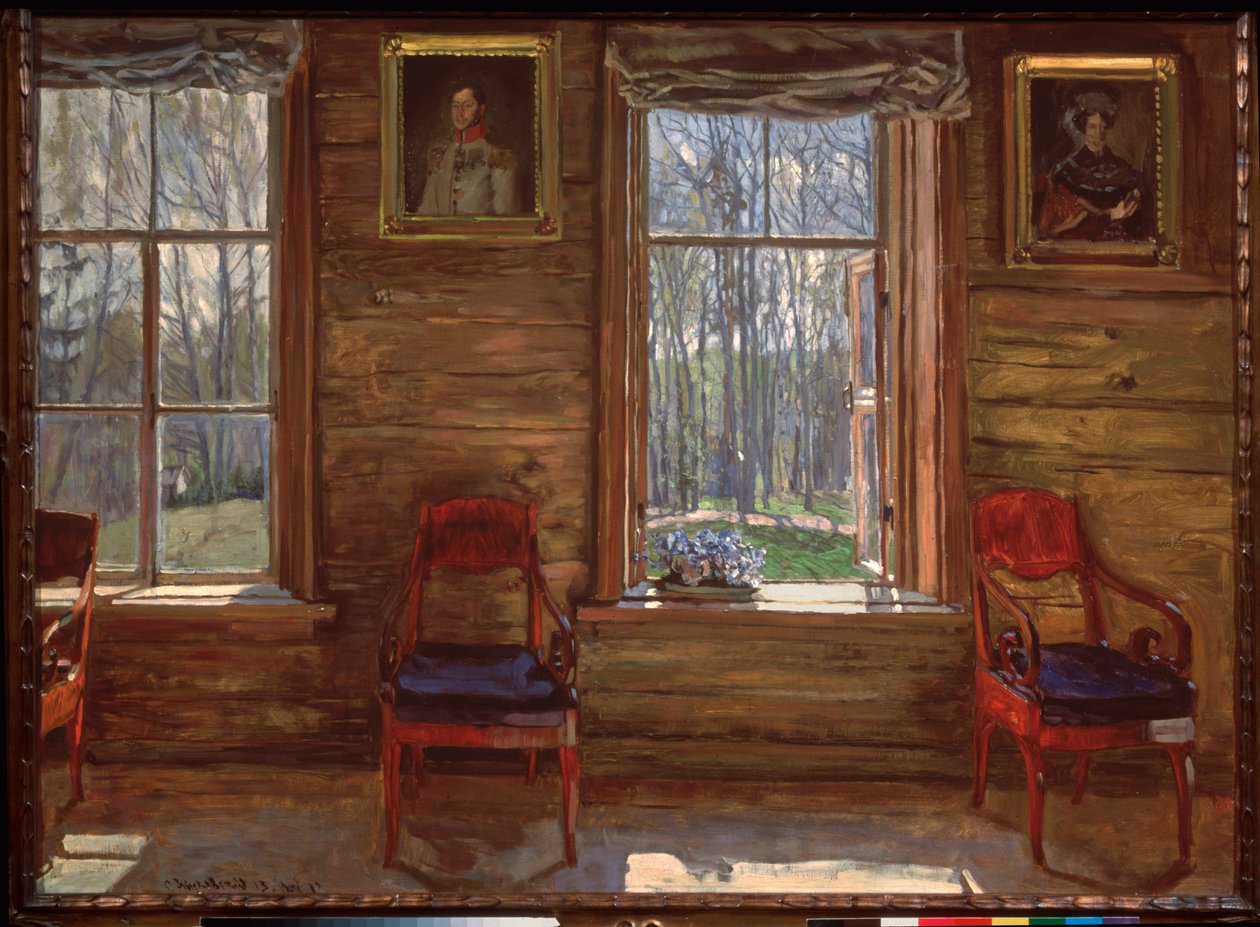 Feliz mayo. (Vista de un bosque soleado, a través de las ventanas de una casa de campo, decorada con retratos pintados y cortinas). Pintura de Stanislav Yulianovich Zhukovsky (1873-1944), óleo sobre lienzo de Stanislav Joulianovitch Joukovski