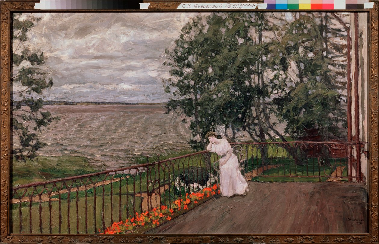 Pensamientos oscuros (Una mujer solitaria apoyada en la valla de una terraza frente a un campo arado). Pintura de Stanislav Yulianovich Zhukovsky (1873-1944), óleo sobre lienzo de Stanislav Joulianovitch Joukovski