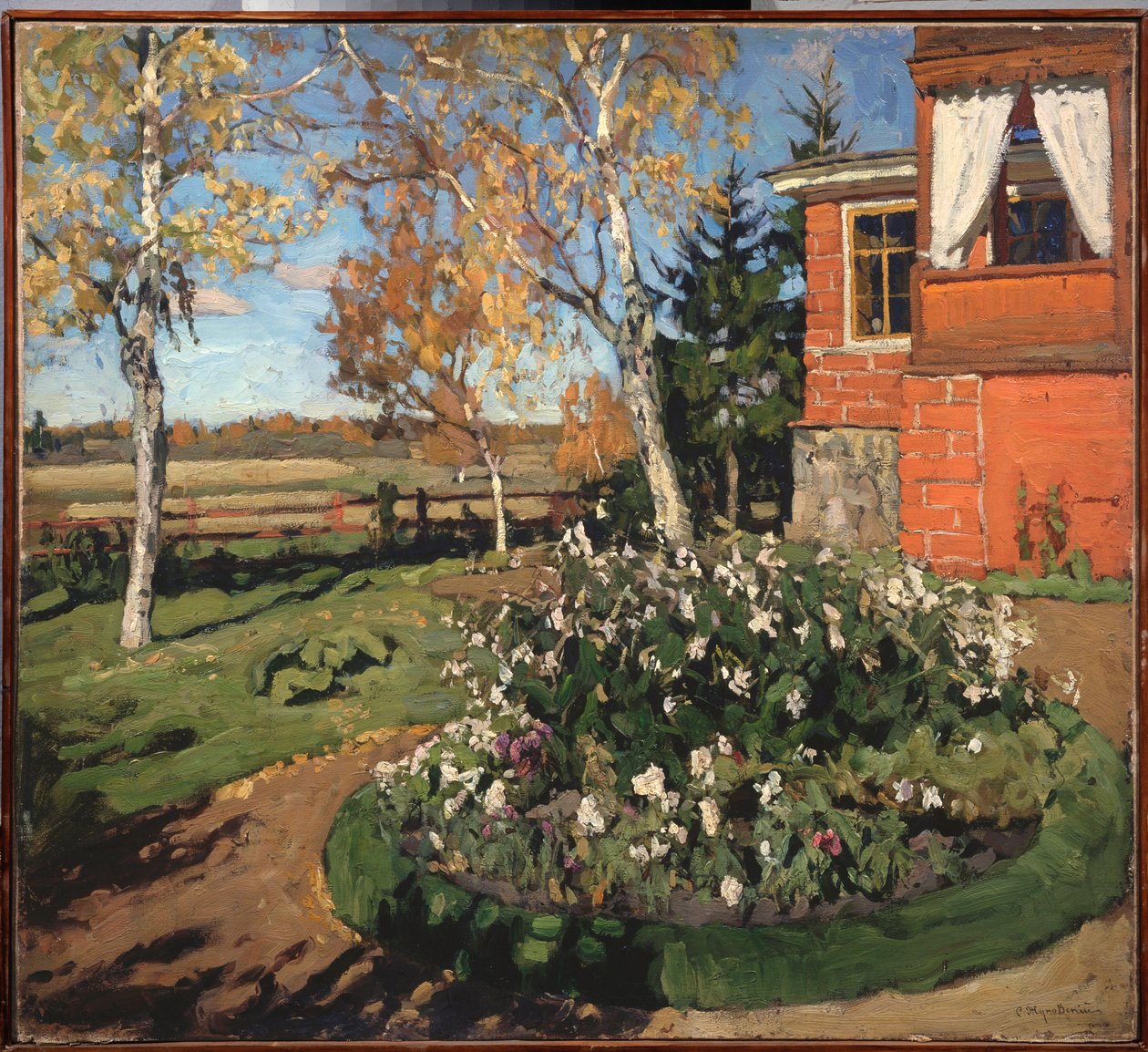 Un piso florido (frente a una casa y un paisaje campestre). Pintura de Stanislav Yulianovich Zhukovsky (1873-1944), óleo sobre lienzo de Stanislav Joulianovitch Joukovski