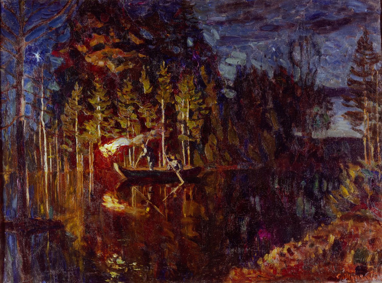 Pesca nocturna con lanza en primavera, 1916 de Stanislav Julianovic Zukovskij