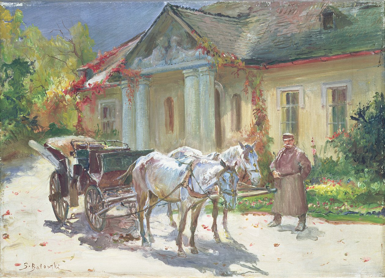 Frente a una mansión polaca, c.1930 (óleo sobre lienzo) de Stanislaw Kaczor Batowski