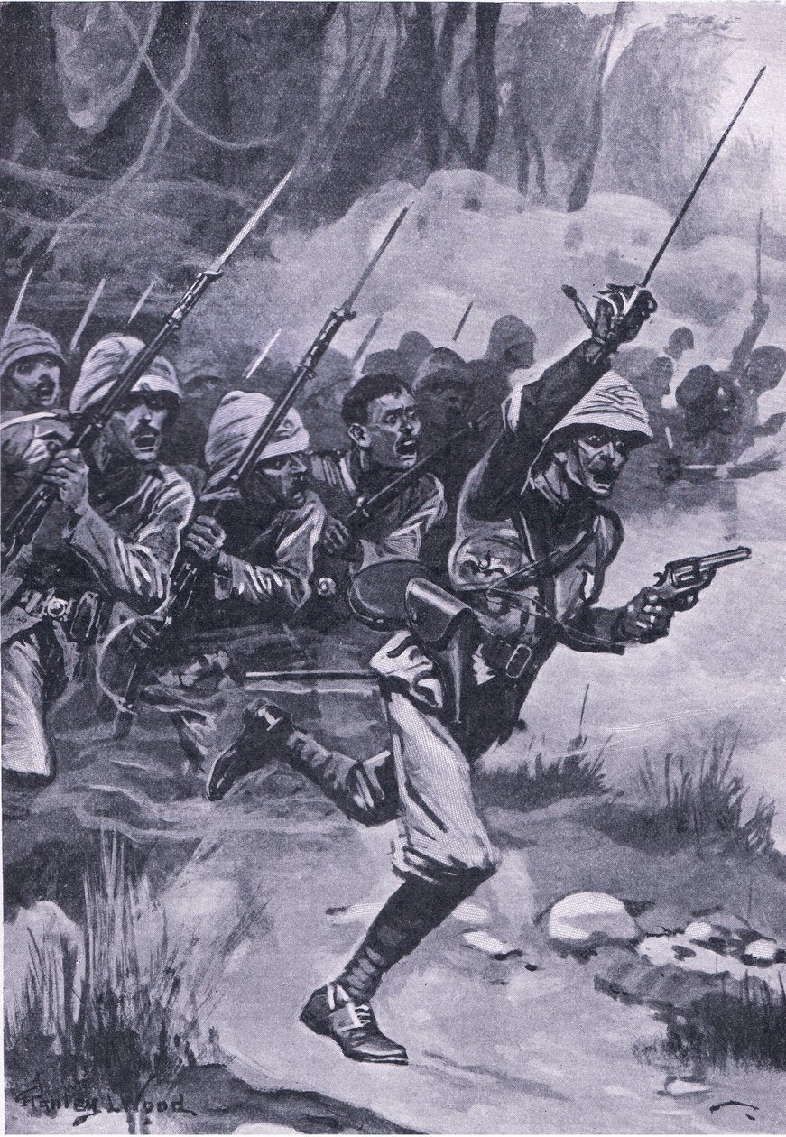 Carga británica contra los Ashantis en Amoaful, 31 de enero de 1874, ilustración de British Battles on Land and Sea, 1915 de Stanley L. Wood