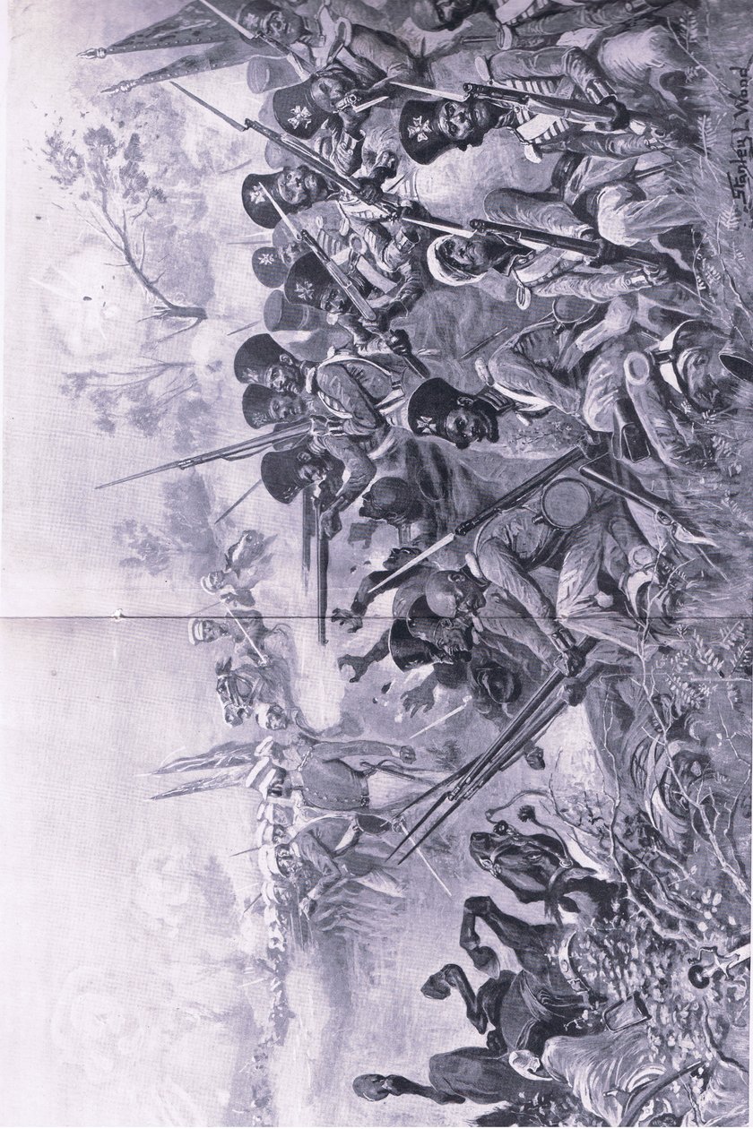 Chilianwala, 13 de enero de 1849: La brigada de Goddy haciendo una valiente resistencia cuando fue rodeada por los sijs, ilustración de British Battles on Land and Sea, 1915 de Stanley L. Wood