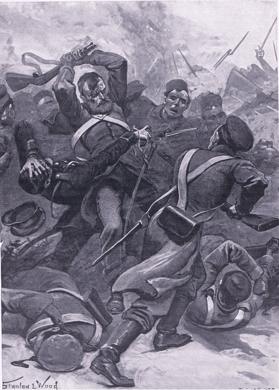 Inkerman: El 55º Regimiento (2º de Frontera) cargando contra los rusos, ilustración de British Battles on Land and Sea, 1915 de Stanley L. Wood