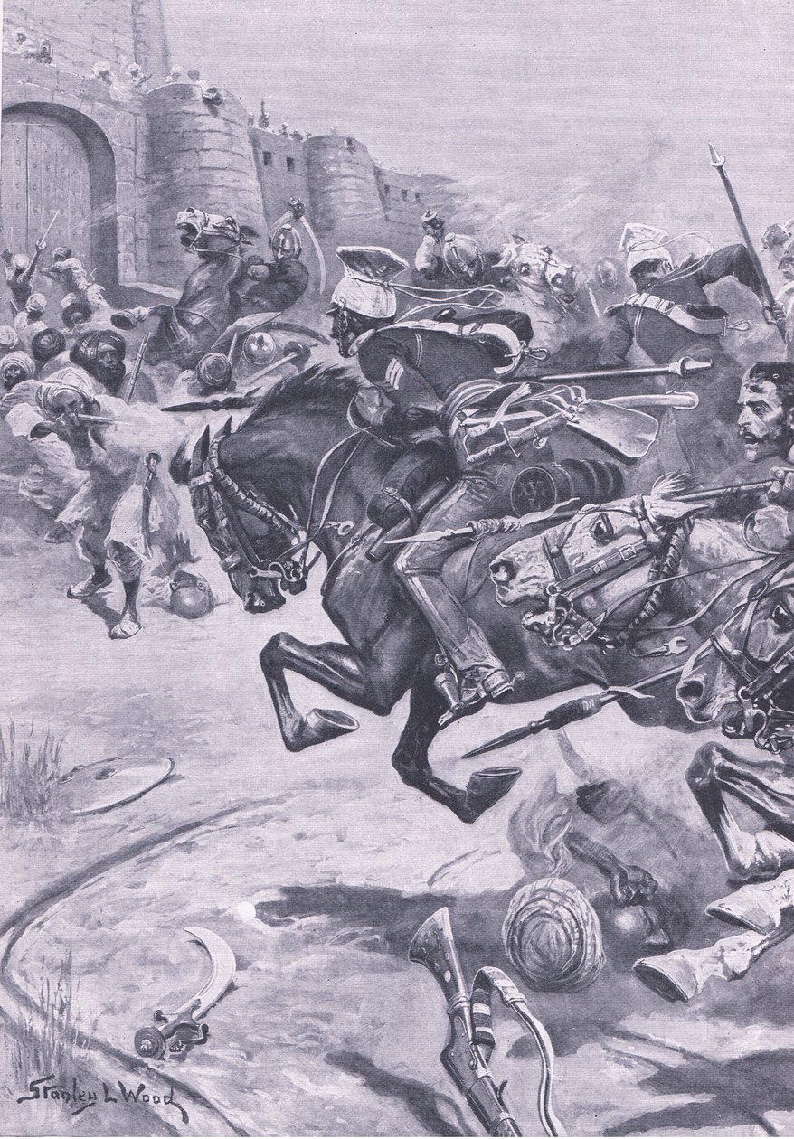Los lanceros del 16º y el caballo de Skinner empujando a los Jats hacia Bharatpur; diciembre de 1825, ilustración de British Battles on Land and Sea, 1915 de Stanley L. Wood