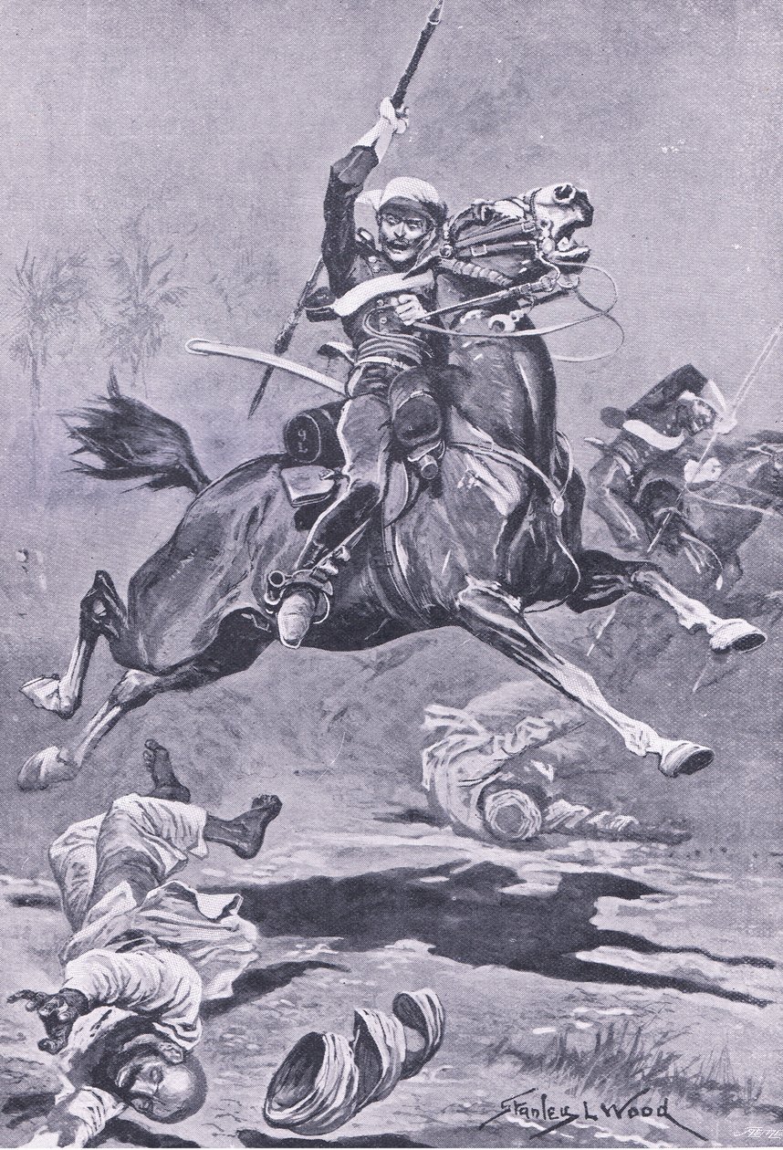 Los lanceros del 9º en Delhi, 1857, ilustración de British Battles on Land and Sea, 1915 de Stanley L. Wood