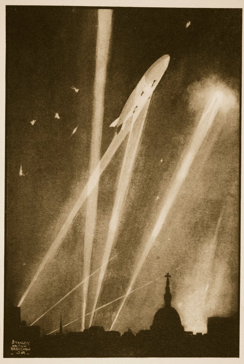 Incursión del Zeppelin en Londres, ilustración de "Flying Memories" de John Hamilton de Stanley Orton Bradshaw