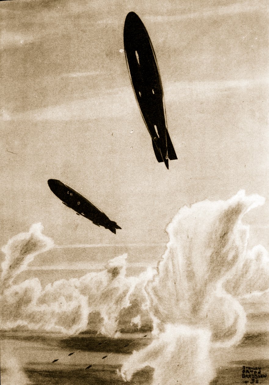 Zepps en Patrulla del Mar del Norte, ilustración de "Flying Memories" de John Hamilton de Stanley Orton Bradshaw